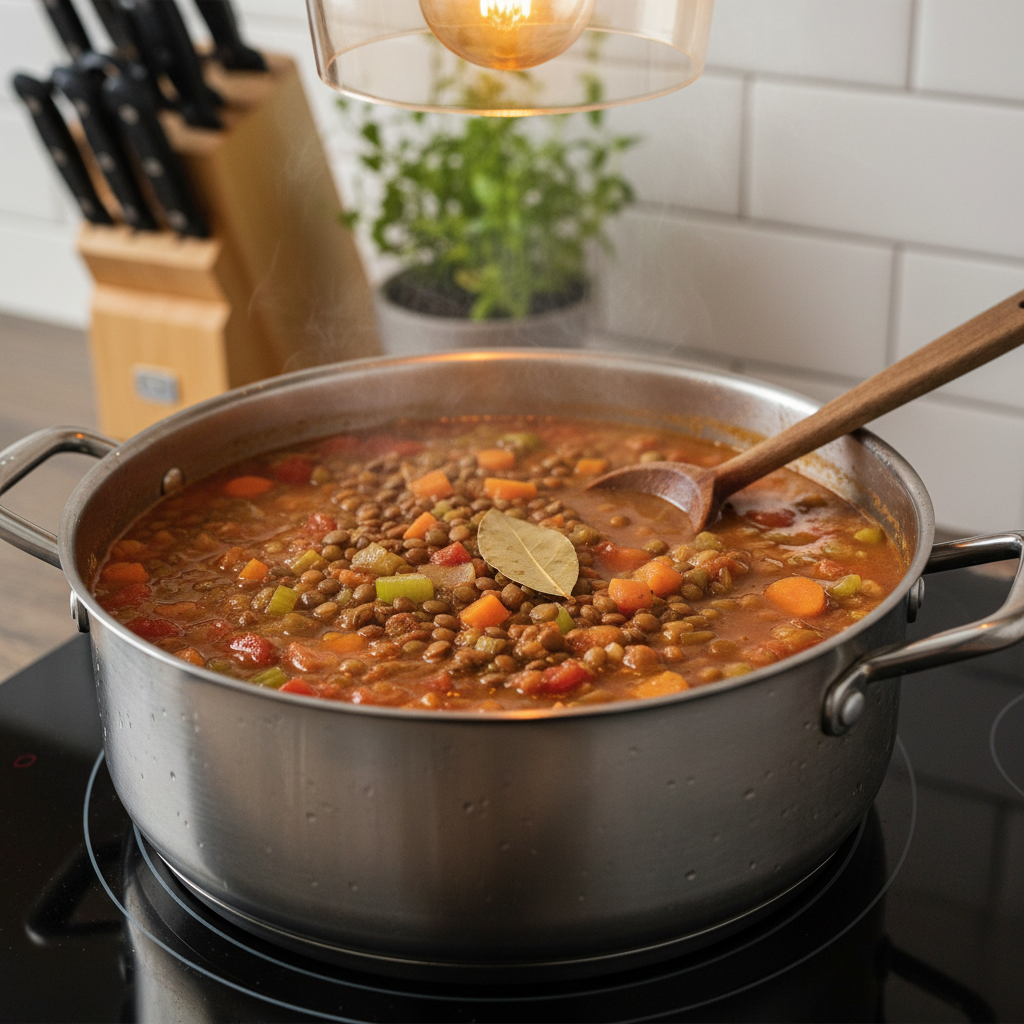 Pot of vegan lentil soup simmering with bay leaf and vegetables