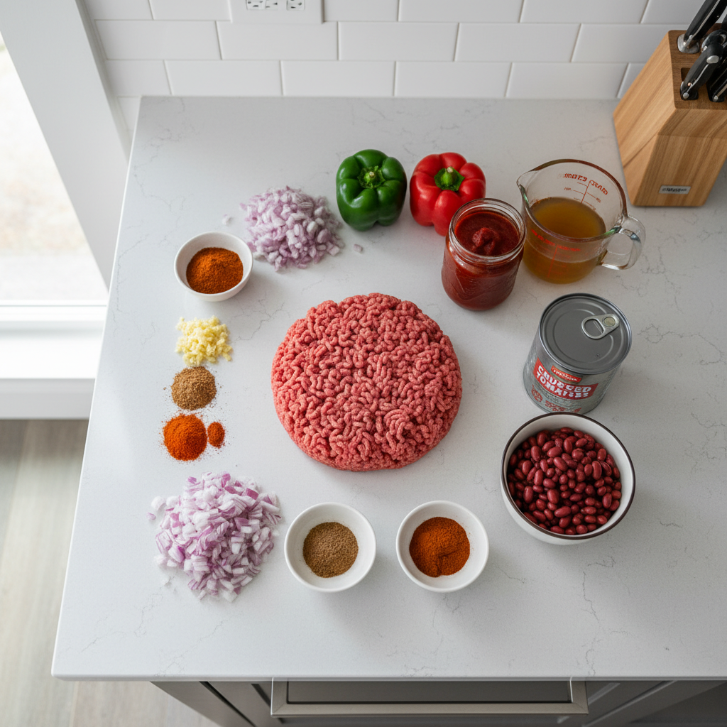 Beef chili ingredients laid out on a kitchen counter with spices and canned tomatoes
