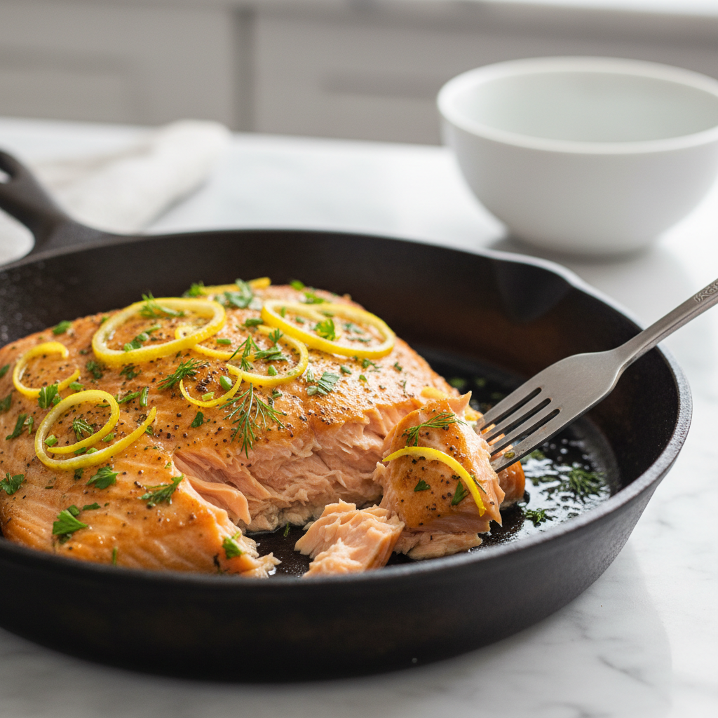 Close-up of flaky baked salmon with lemon zest and herbs