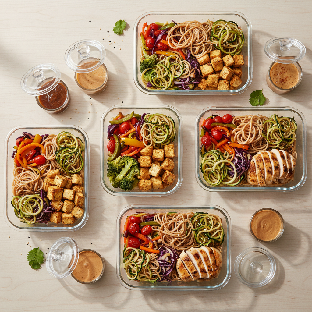 Meal prep containers with noodles and vegetables for make-ahead lunches