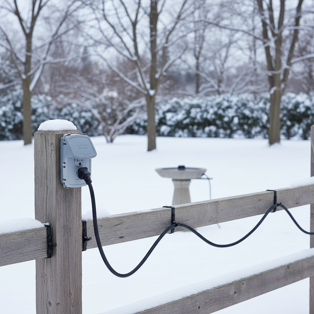 Outdoor GFCI outlet and weatherproof cord setup for a heated bird bath