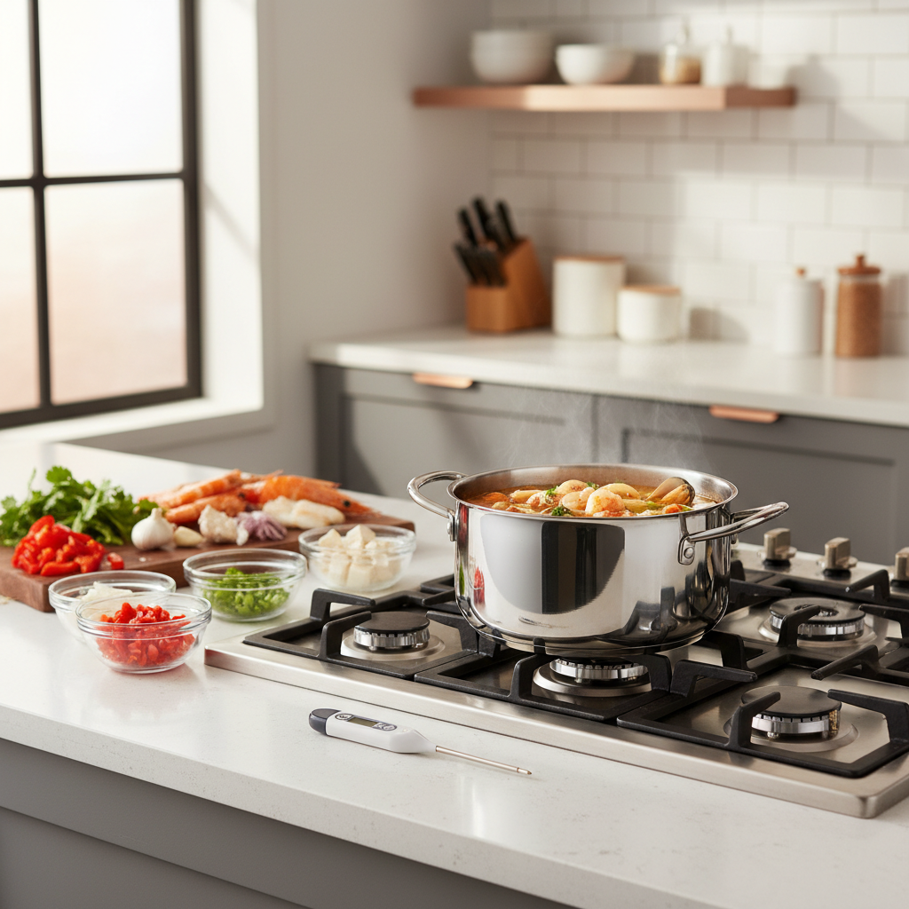 Seafood soup simmering in a pot with thermometer and prep bowls