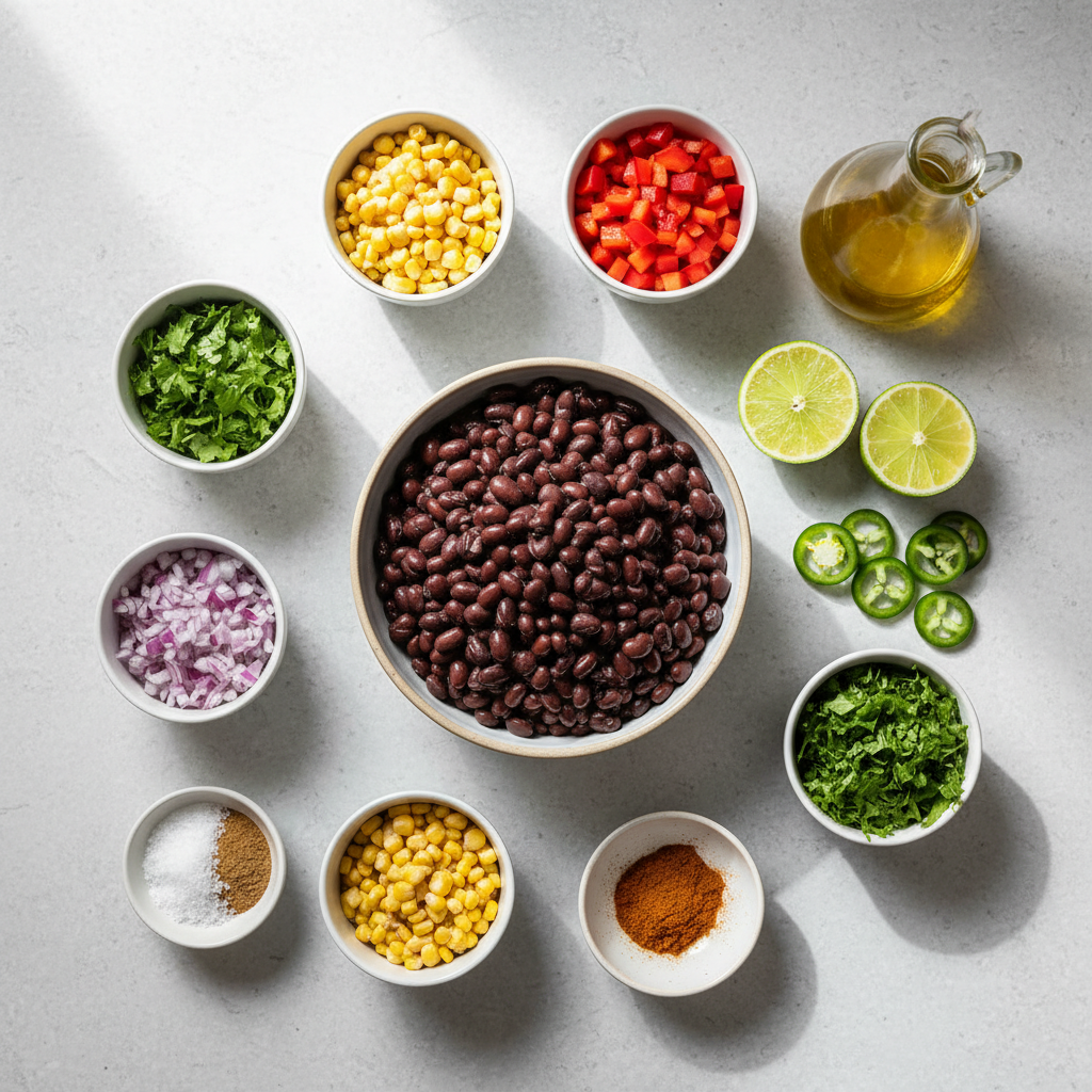 Prepped ingredients for black bean salad including corn, lime, peppers, and beans