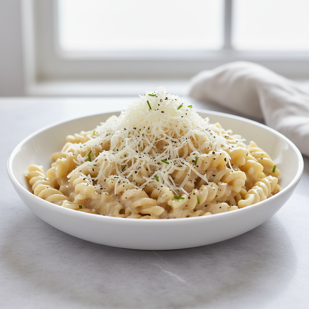 Garlic Parmesan creamy pasta with grated cheese and black pepper