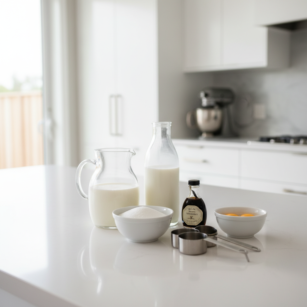 Homemade vanilla ice cream base ingredients on a kitchen counter