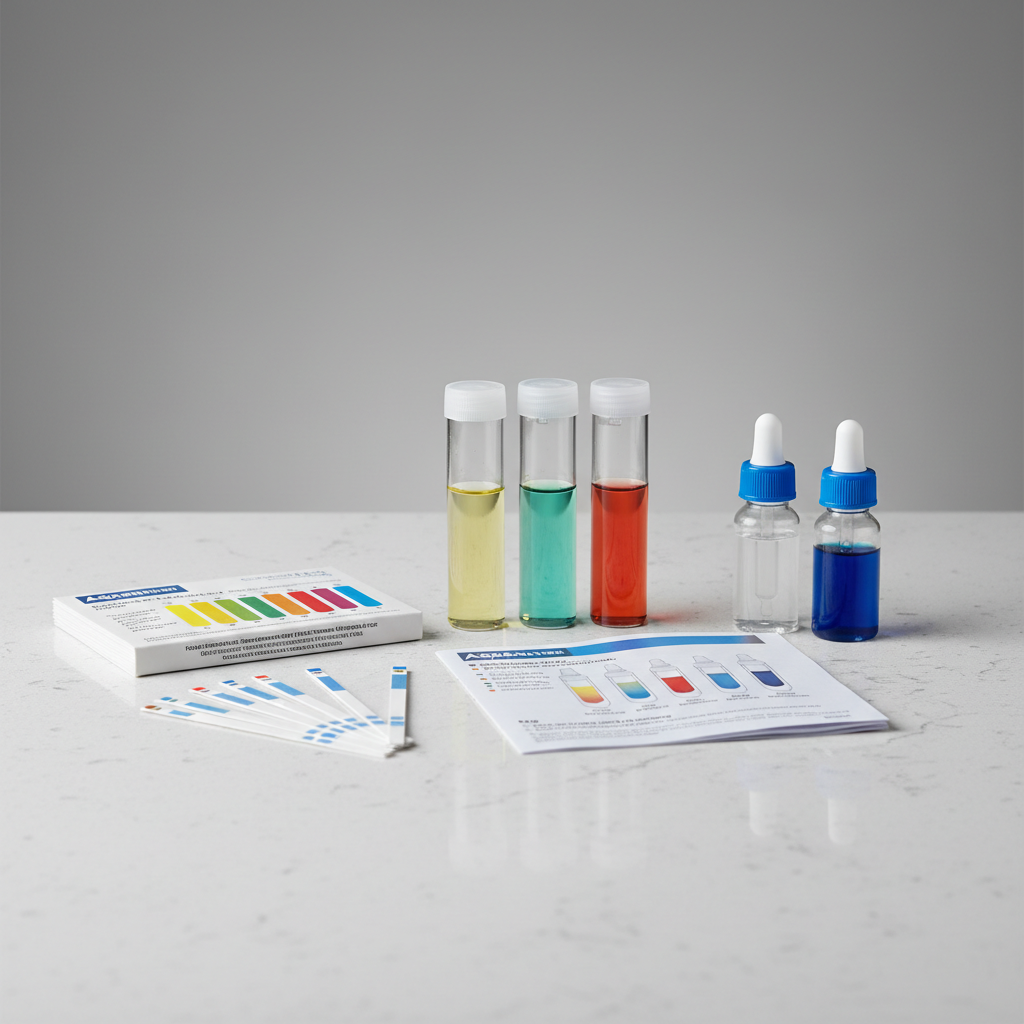 Comparison of aquarium test strips and liquid test kit vials on a table