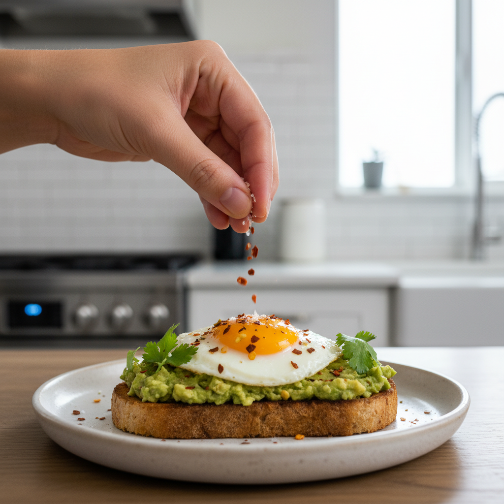 Avocado egg toast being finished with flaky salt and chili flakes in a modern kitchen