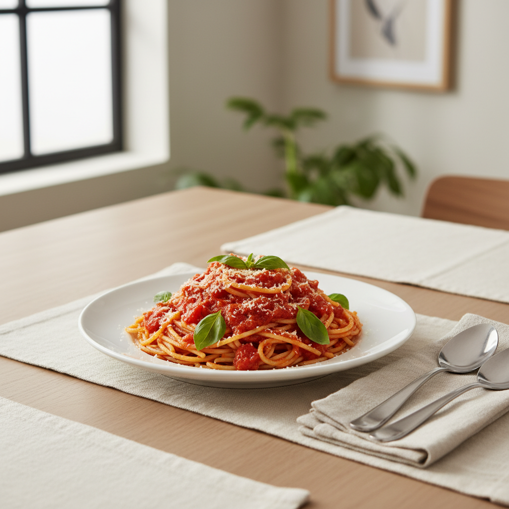 Classic spaghetti dinner with marinara, basil, and grated Parmesan