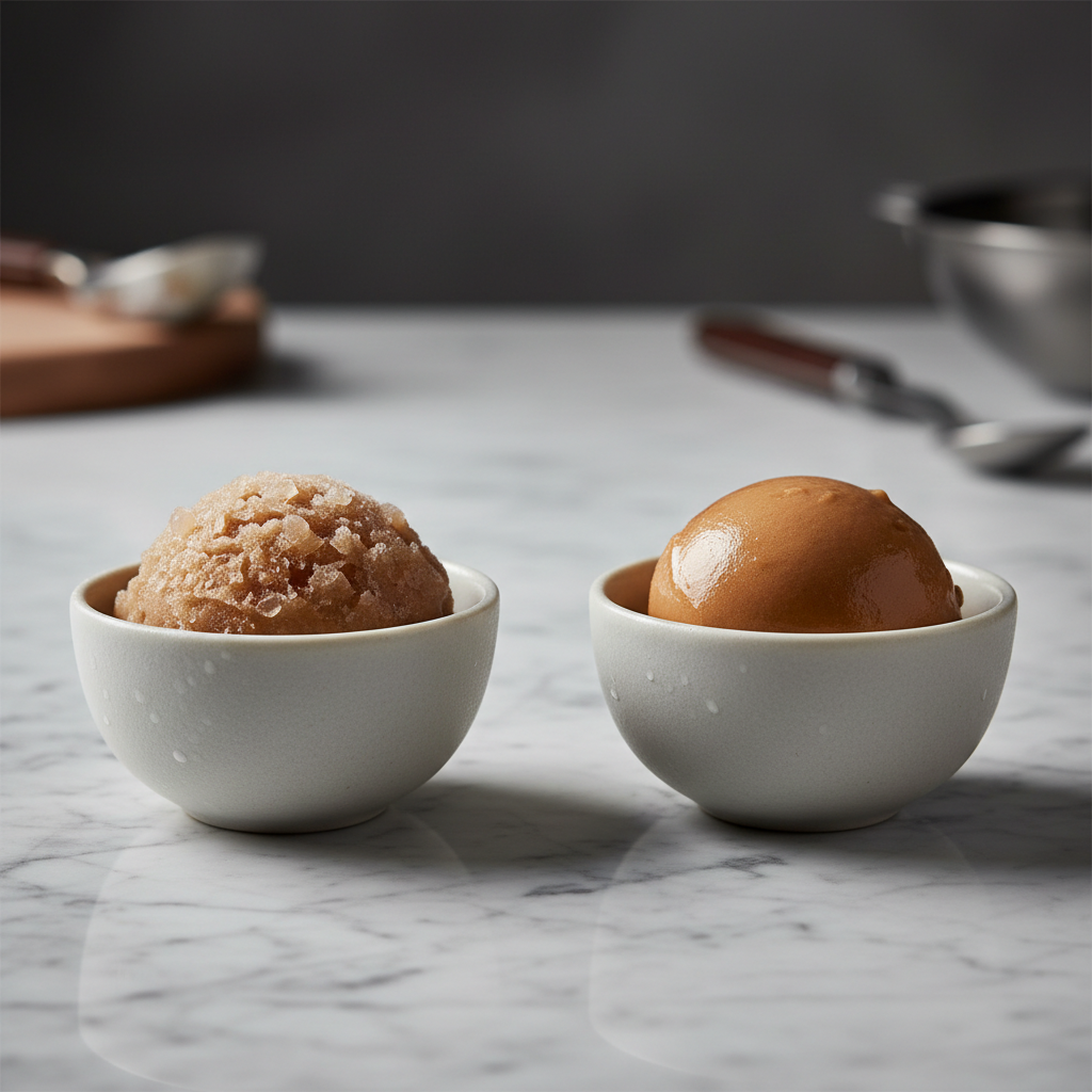 Close-up of icy vs creamy frozen dessert texture comparison