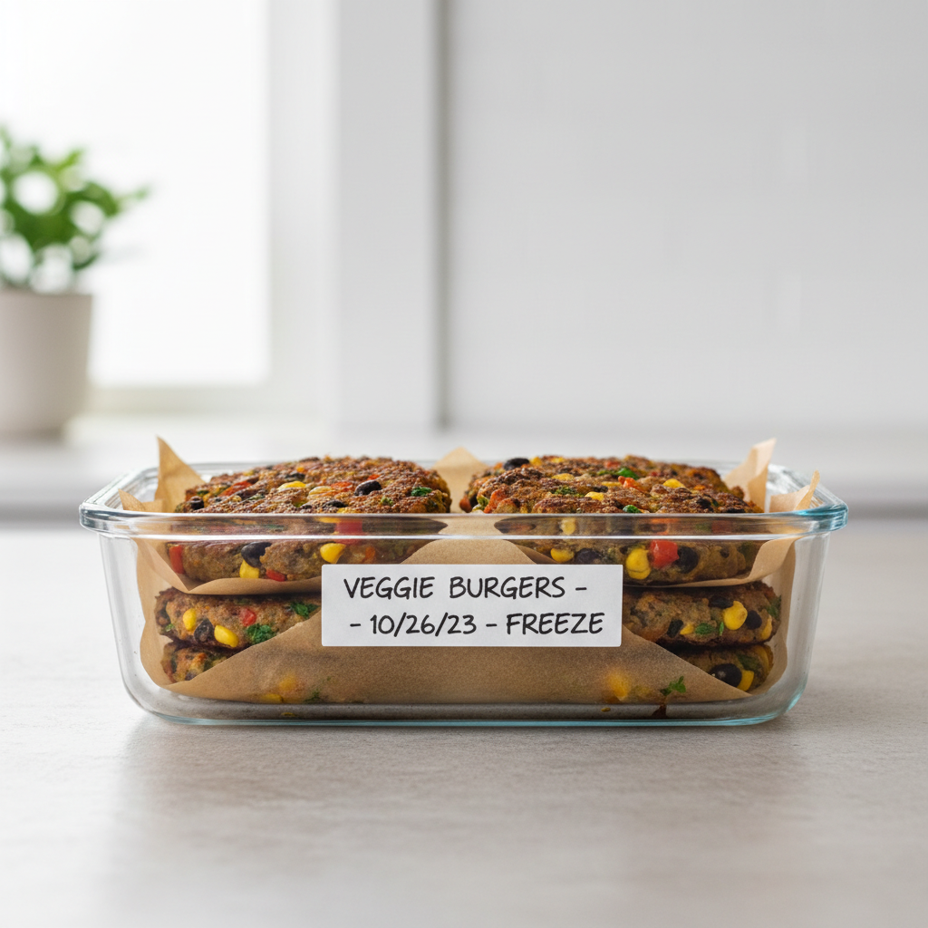 Meal-prepped veggie burger patties stacked with parchment in a container