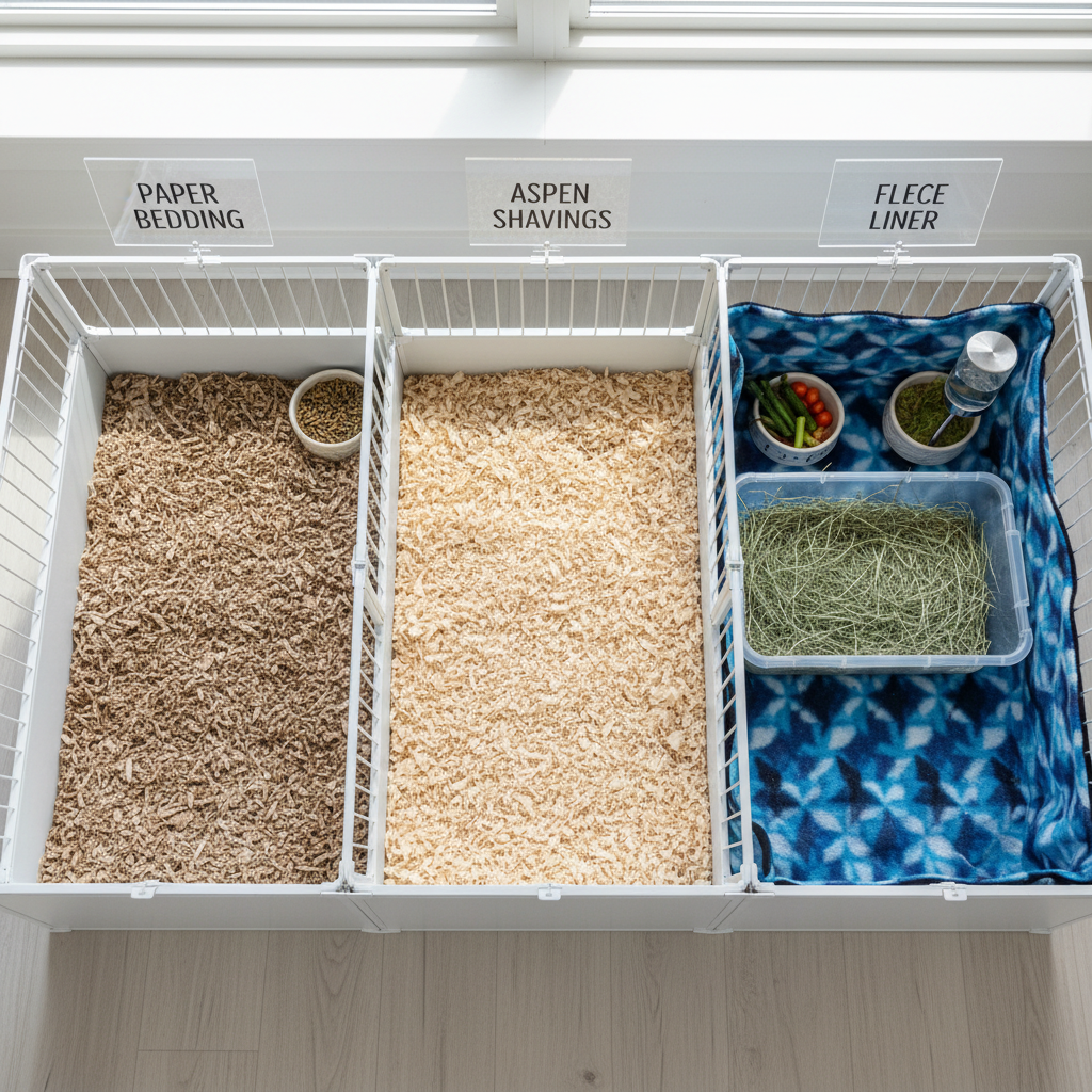 Guinea pig bedding comparison: paper, aspen, and fleece areas in one cage