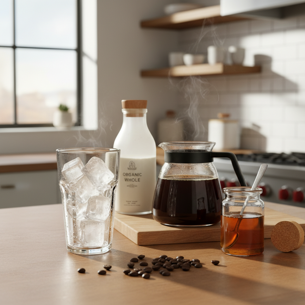 Homemade iced coffee ingredients on a kitchen counter
