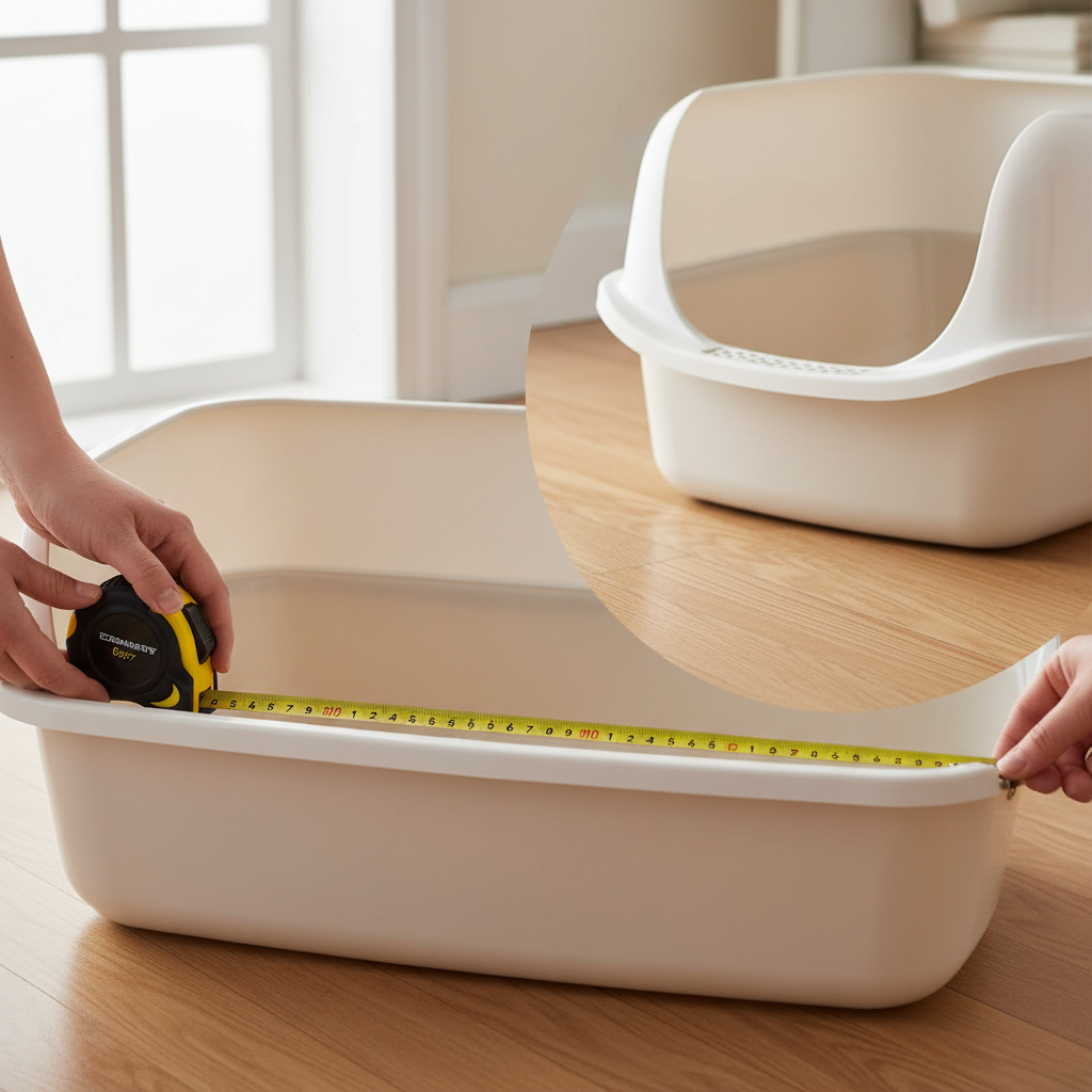 Measuring a large high sided cat litter box interior dimensions with a tape measure