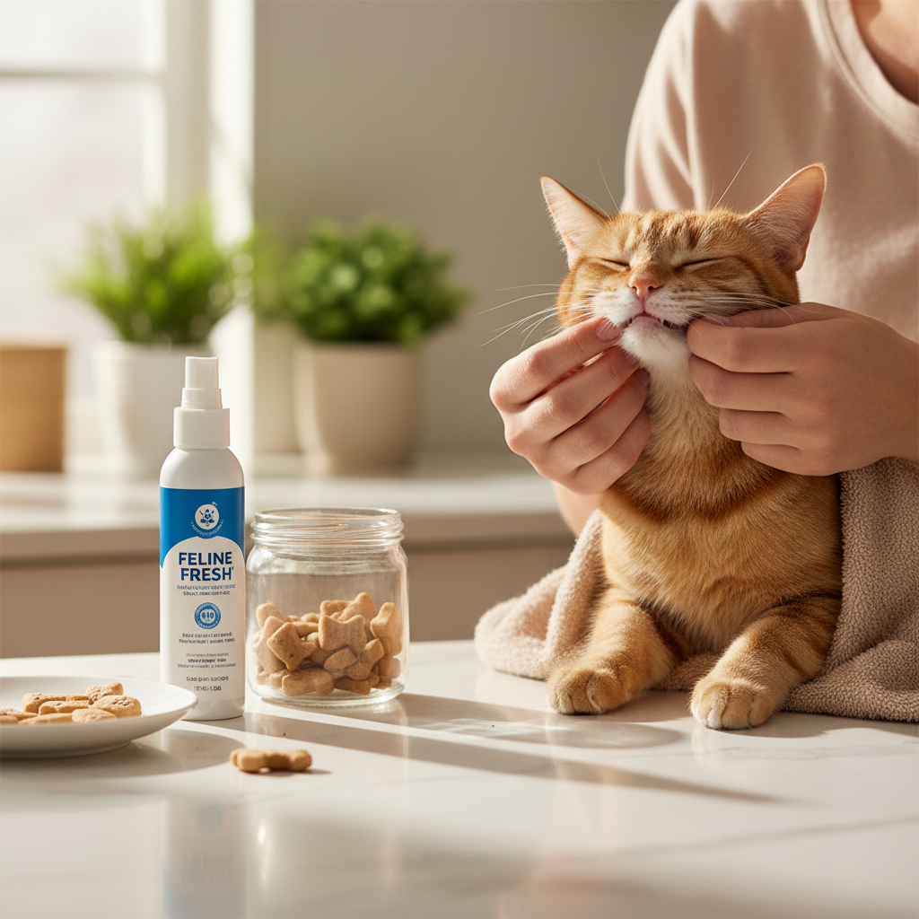 Step-by-step cat oral care routine with dental spray and rewards