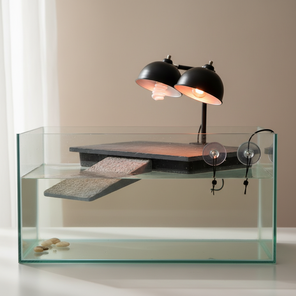 Large floating turtle basking platform set up in a glass aquarium with ramp and UVB light above