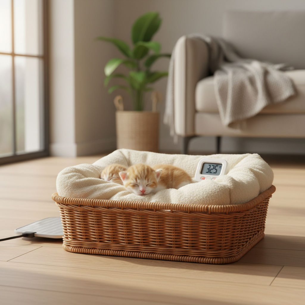 Warm nesting setup for orphan newborn kittens with heating pad and towel layers