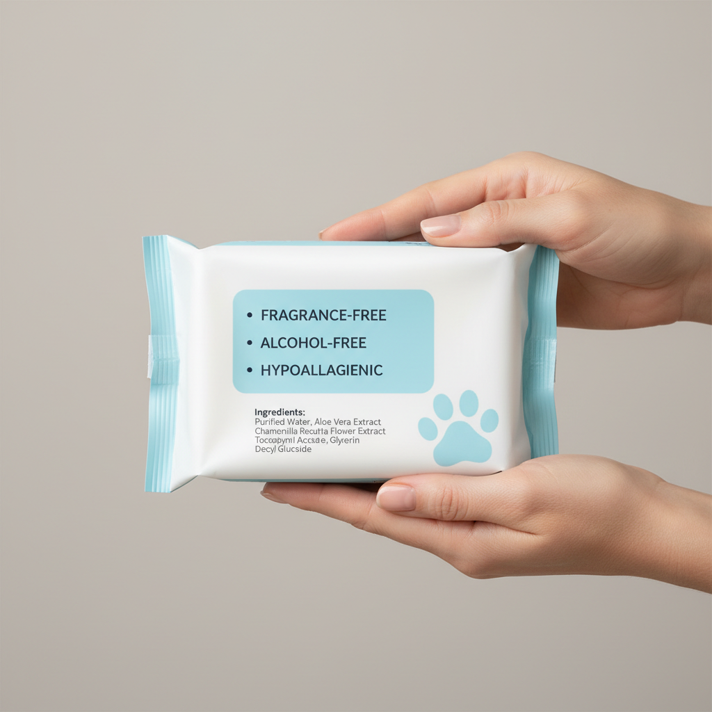 Ingredient label on hypoallergenic cat grooming wipes showing fragrance-free and alcohol-free formula