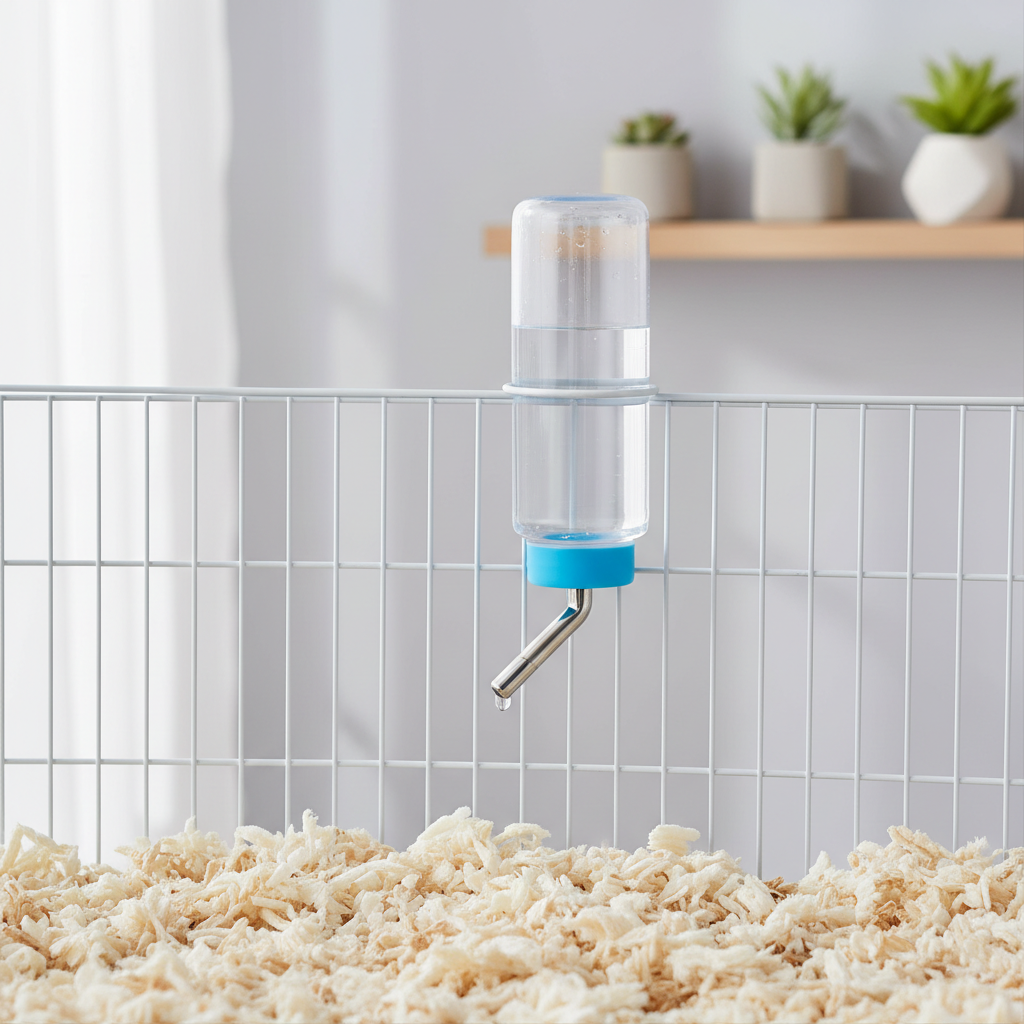 Leak-proof rabbit water bottle mounted on a cage with dry bedding