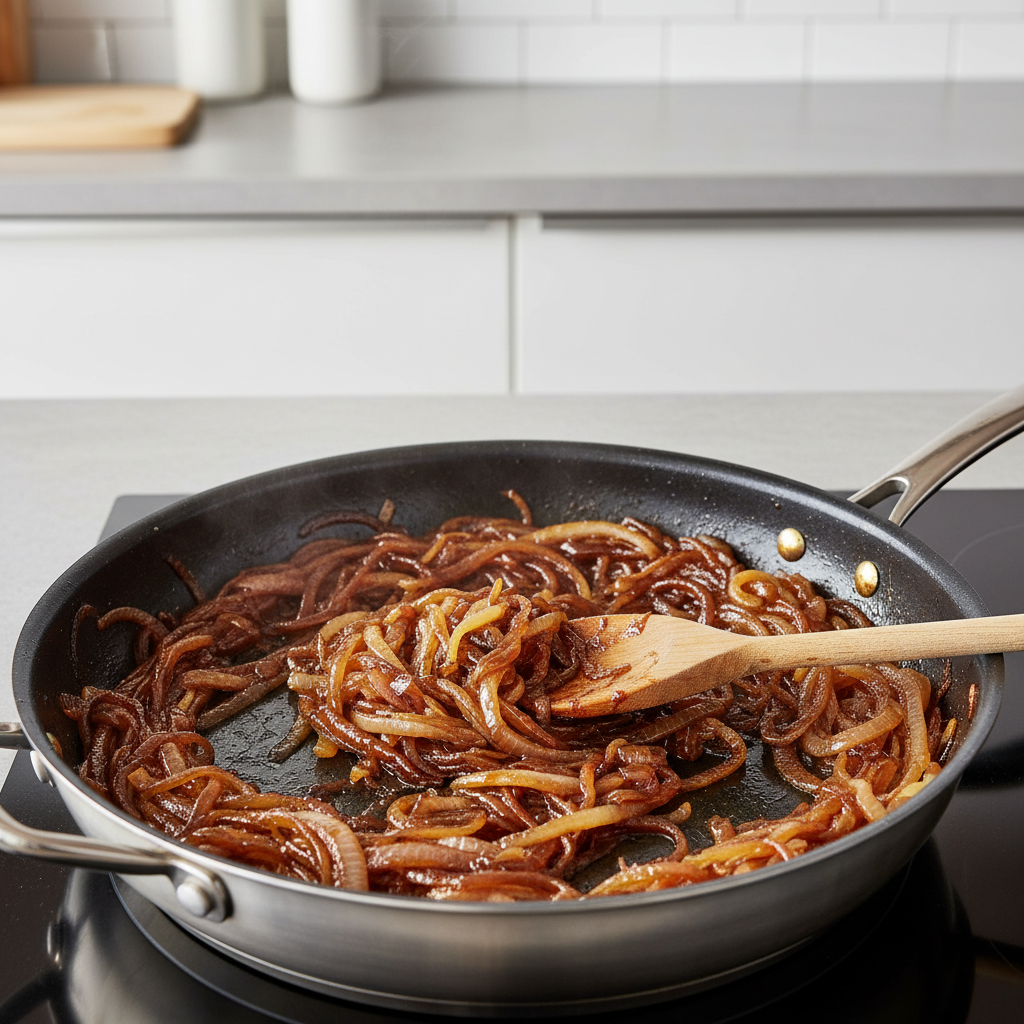 Caramelized onions in a pan for onion recipes and toppings