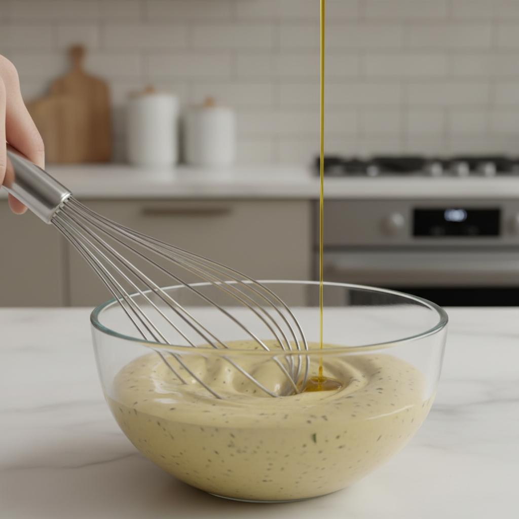 Salad dressing emulsion in progress with whisk and olive oil