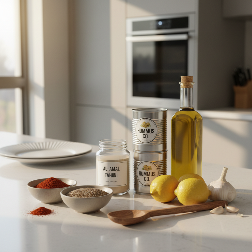 Middle Eastern pantry staples like cumin, paprika, tahini, chickpeas, and olive oil