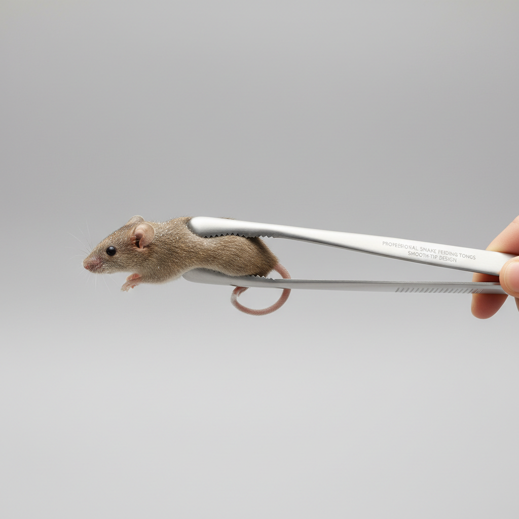 Close-up of stainless steel snake feeding tongs showing smooth tips and secure grip on prey item