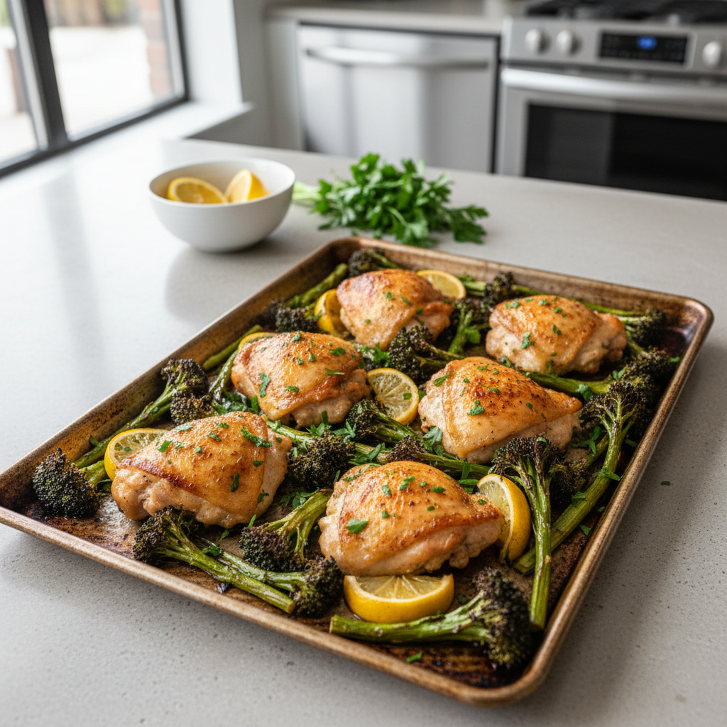 Sheet-pan lemon garlic chicken with roasted broccoli on a tray