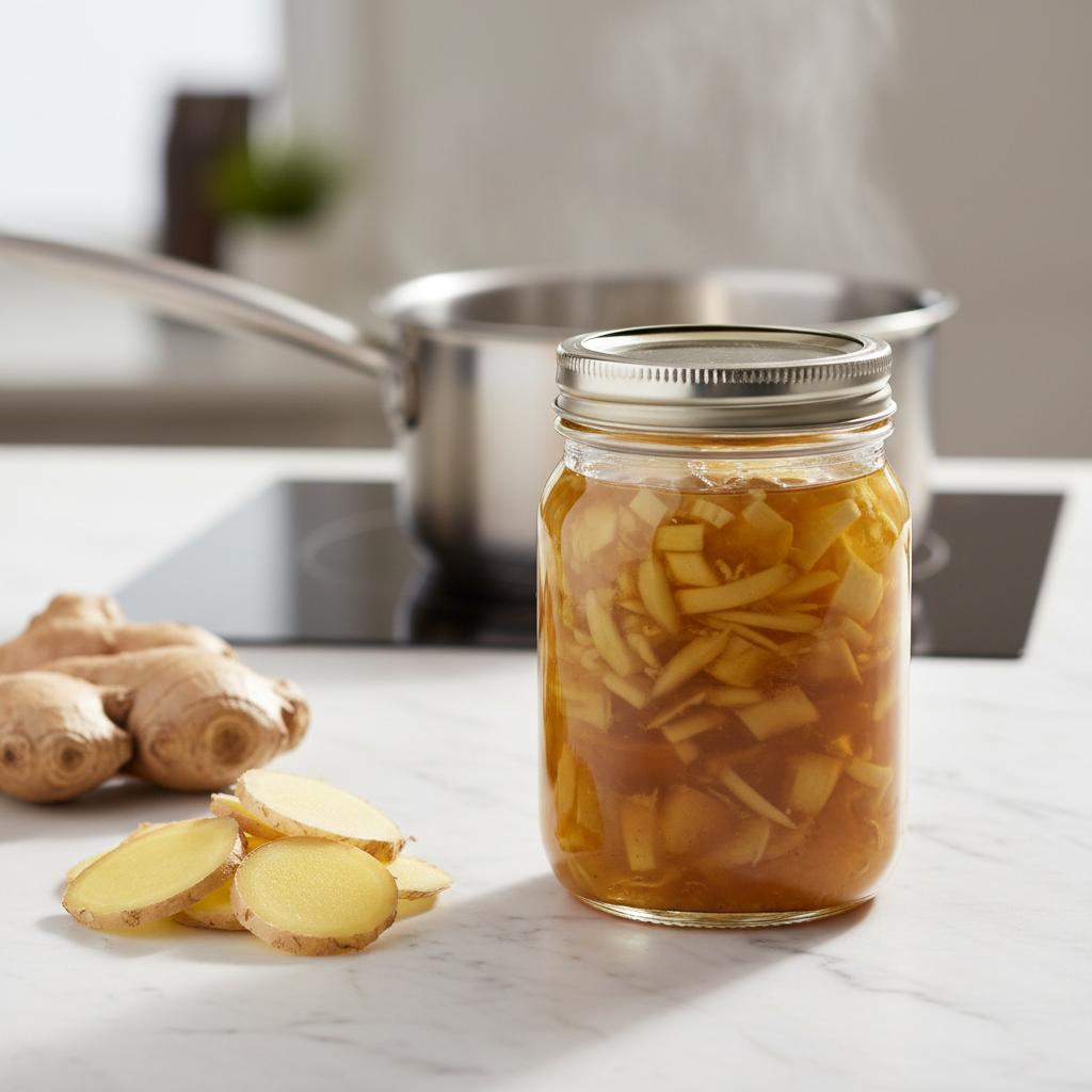 Meal-prep ginger tea concentrate in glass jar for quick digestion support