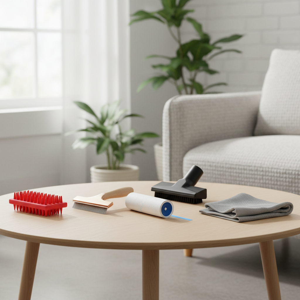 Comparison of pet hair removal tools for couch and carpet on a coffee table