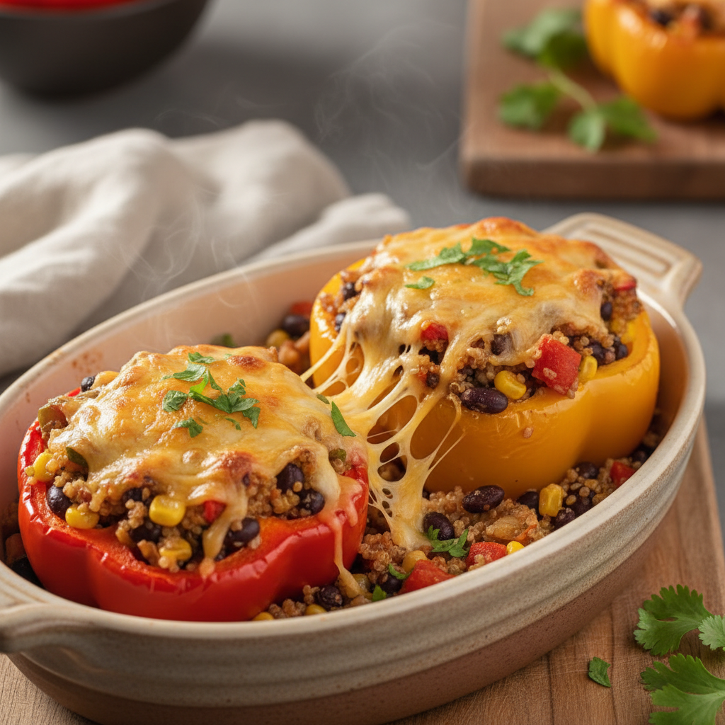 Baked vegetarian stuffed bell peppers topped with melted cheese and herbs