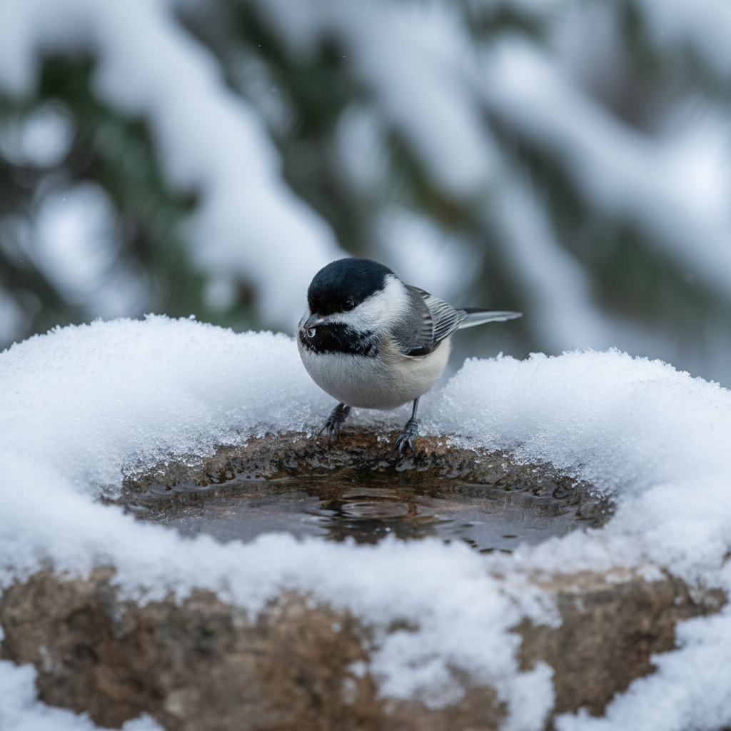 Chickadee drinking from an ice-free opening in a heated bird bath