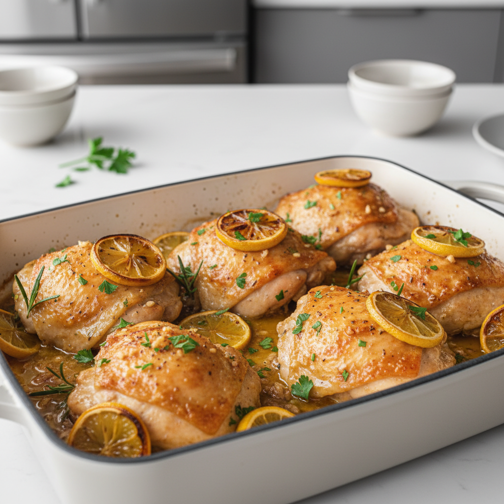 Baked lemon garlic chicken thighs in a skillet with lemon slices and herbs