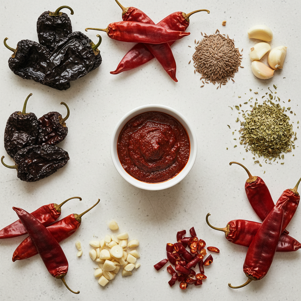 Dried ancho and guajillo chiles with spices for Texas chili
