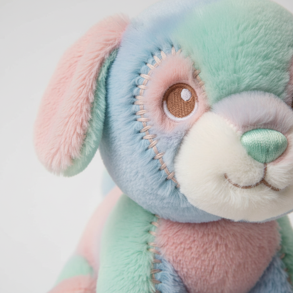 Close-up of a plush toy seam with reinforced stitching and embroidered eyes for baby-safe design