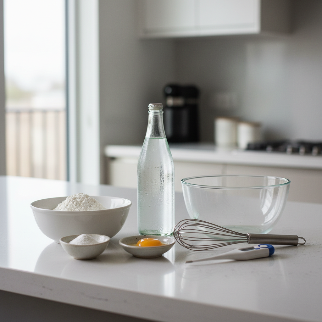 Crispy tempura batter ingredients on a kitchen counter