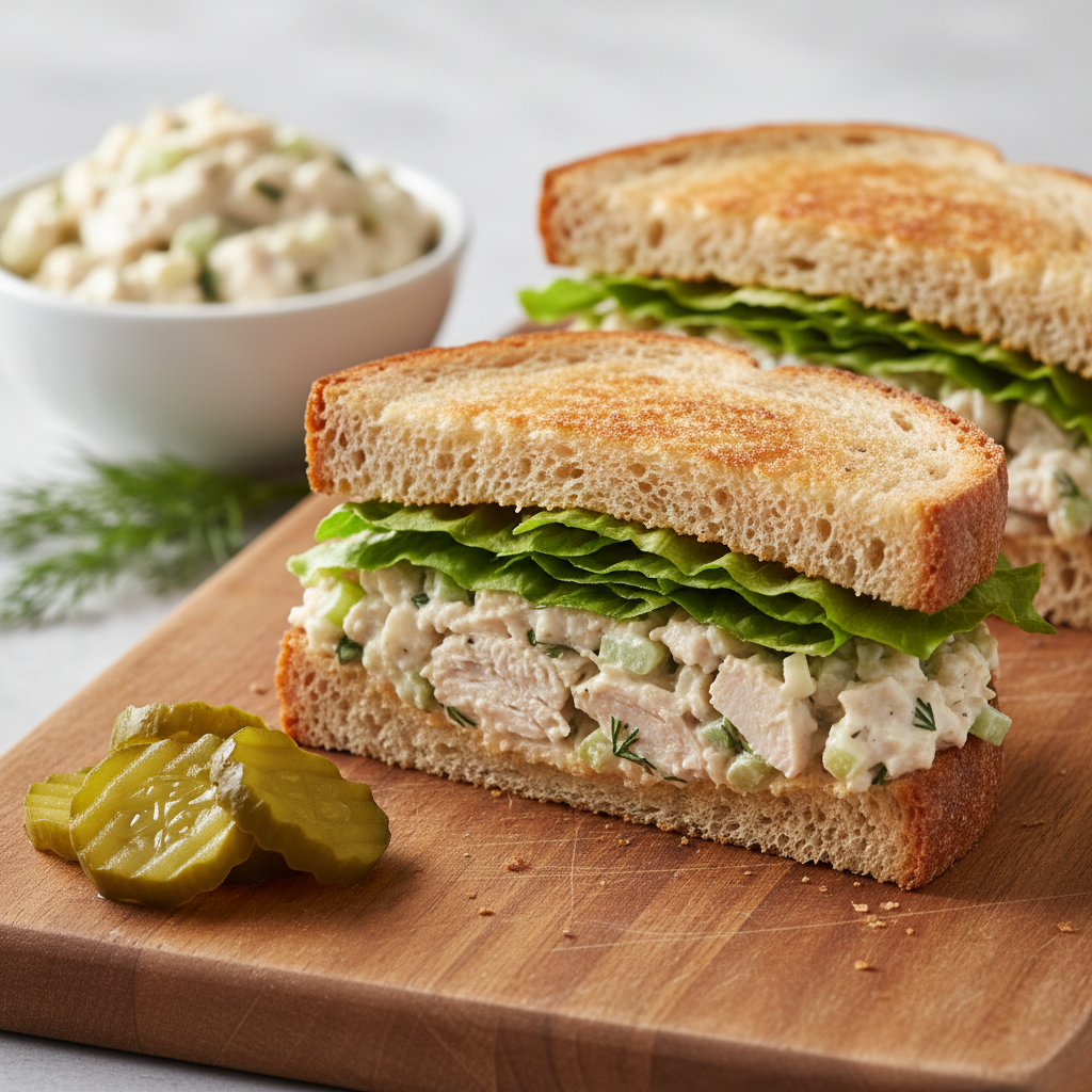 Chicken salad sandwich on toasted bread with lettuce