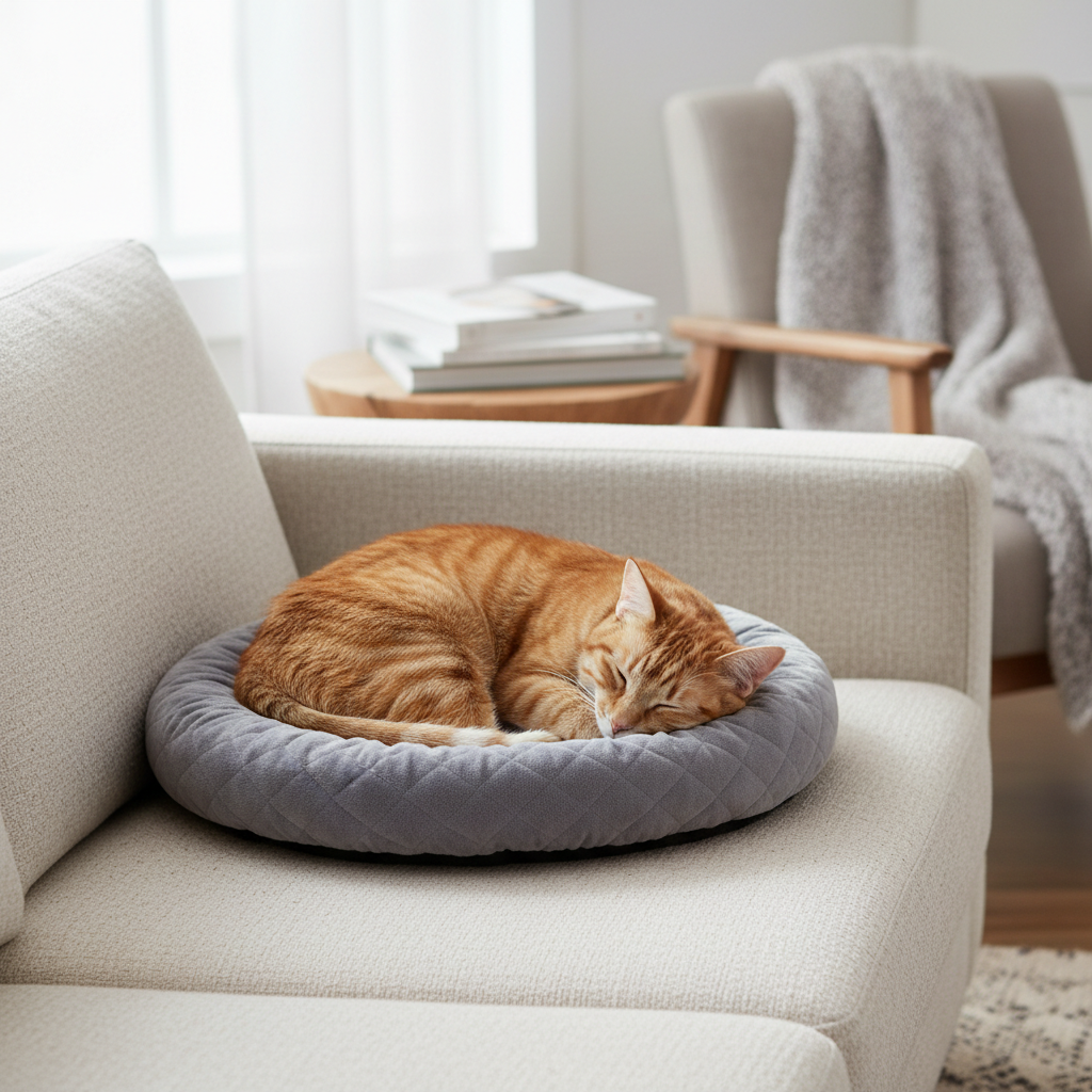 Cat resting on a self warming bed with no electricity in a cozy living room