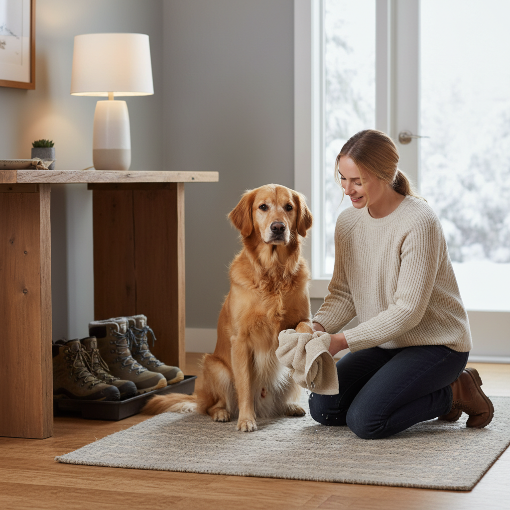 Owner wiping a dog’s paws after a winter walk near the entryway