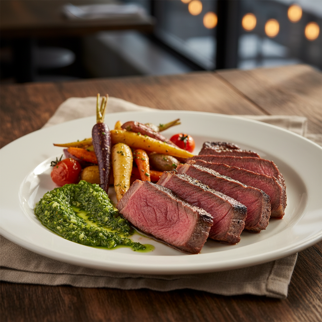 Sliced medium-rare steak with chimichurri and roasted vegetables on plate