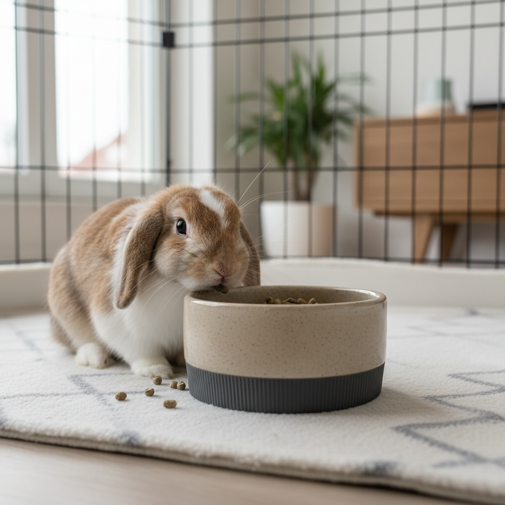Rabbit eating from a non slip heavy base feeding bowl in an indoor pen
