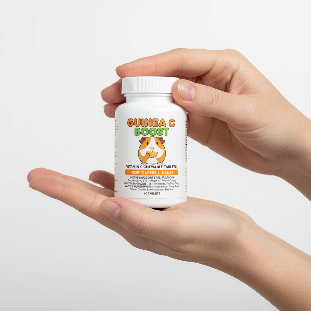 Pet owner reading guinea pig vitamin C chew tablet label and ingredient list