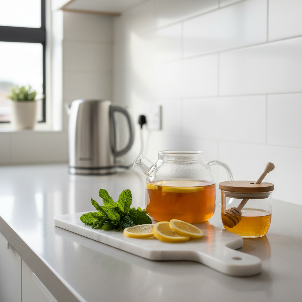 Fresh mint tea ingredients on a kitchen counter with mint leaves lemon and honey