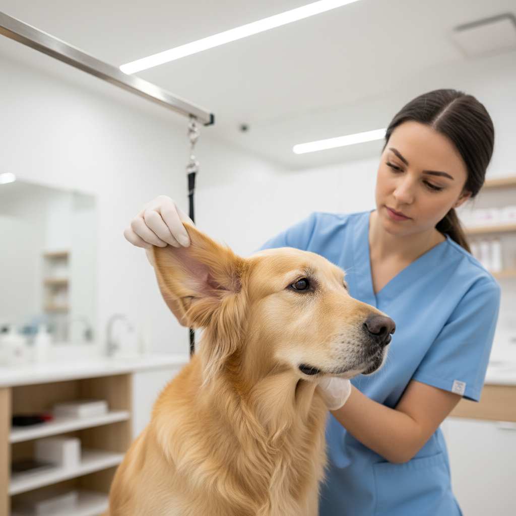 Dog with floppy ears being gently checked for ear moisture and debris