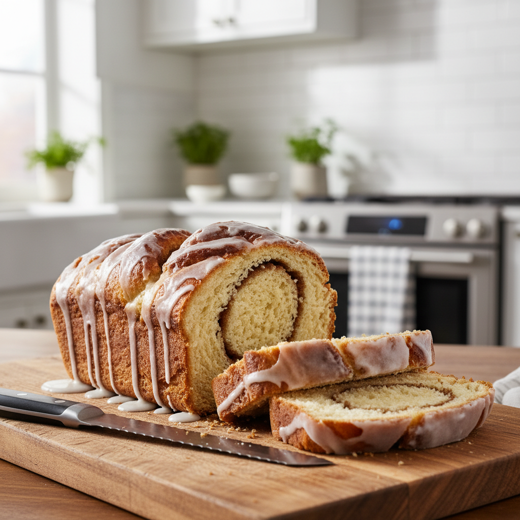 Cinnamon swirl sweet bread loaf sliced to show soft, fluffy crumb
