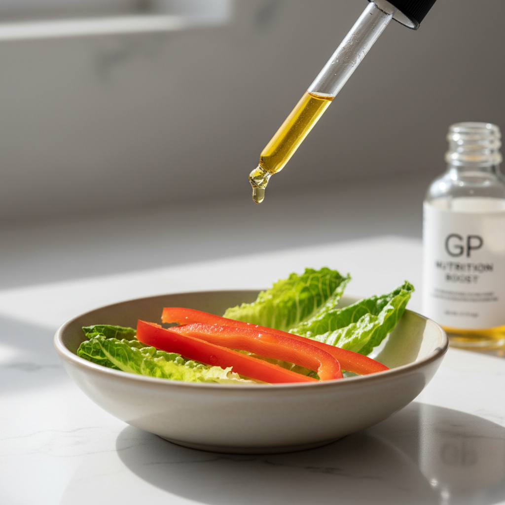 Measured drop of oil being added to guinea pig vegetables for safe supplementation