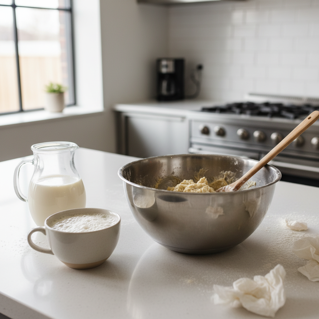 Beignet dough being mixed in a bowl with yeast and warm milk