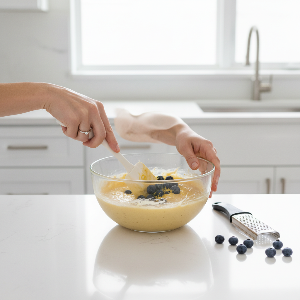 Mixing muffin batter in a bowl with blueberries and lemon zest