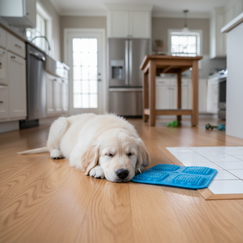 Puppy resting with a chilled teething pad for gum relief