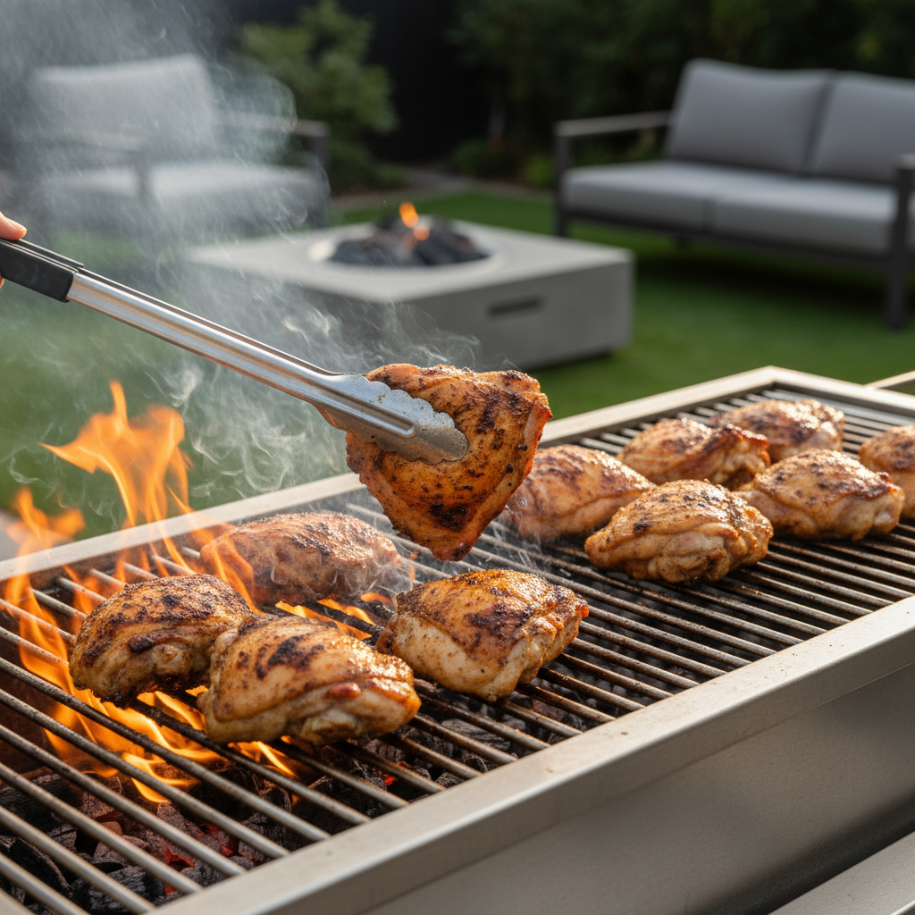 Classic BBQ chicken thighs grilling over two-zone heat