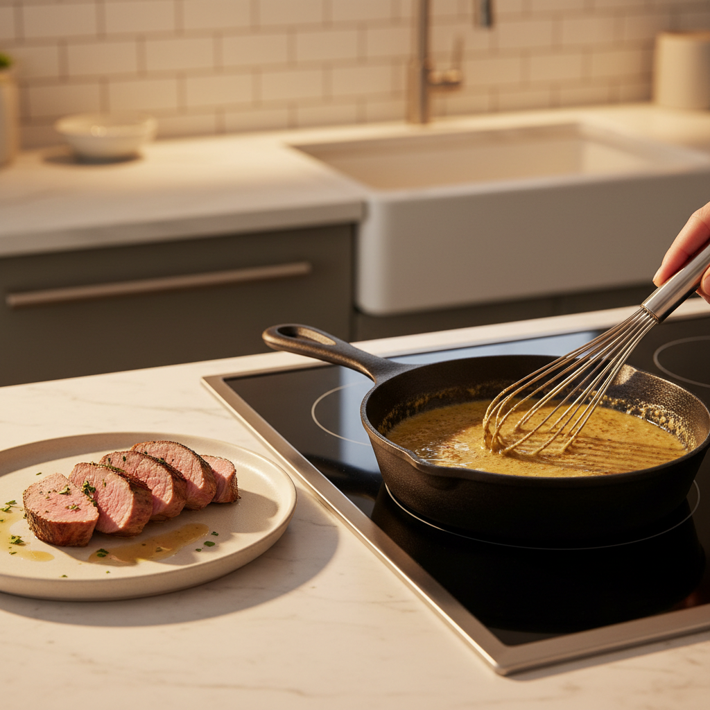 Simple pan sauce being whisked in a skillet next to sliced pork tenderloin